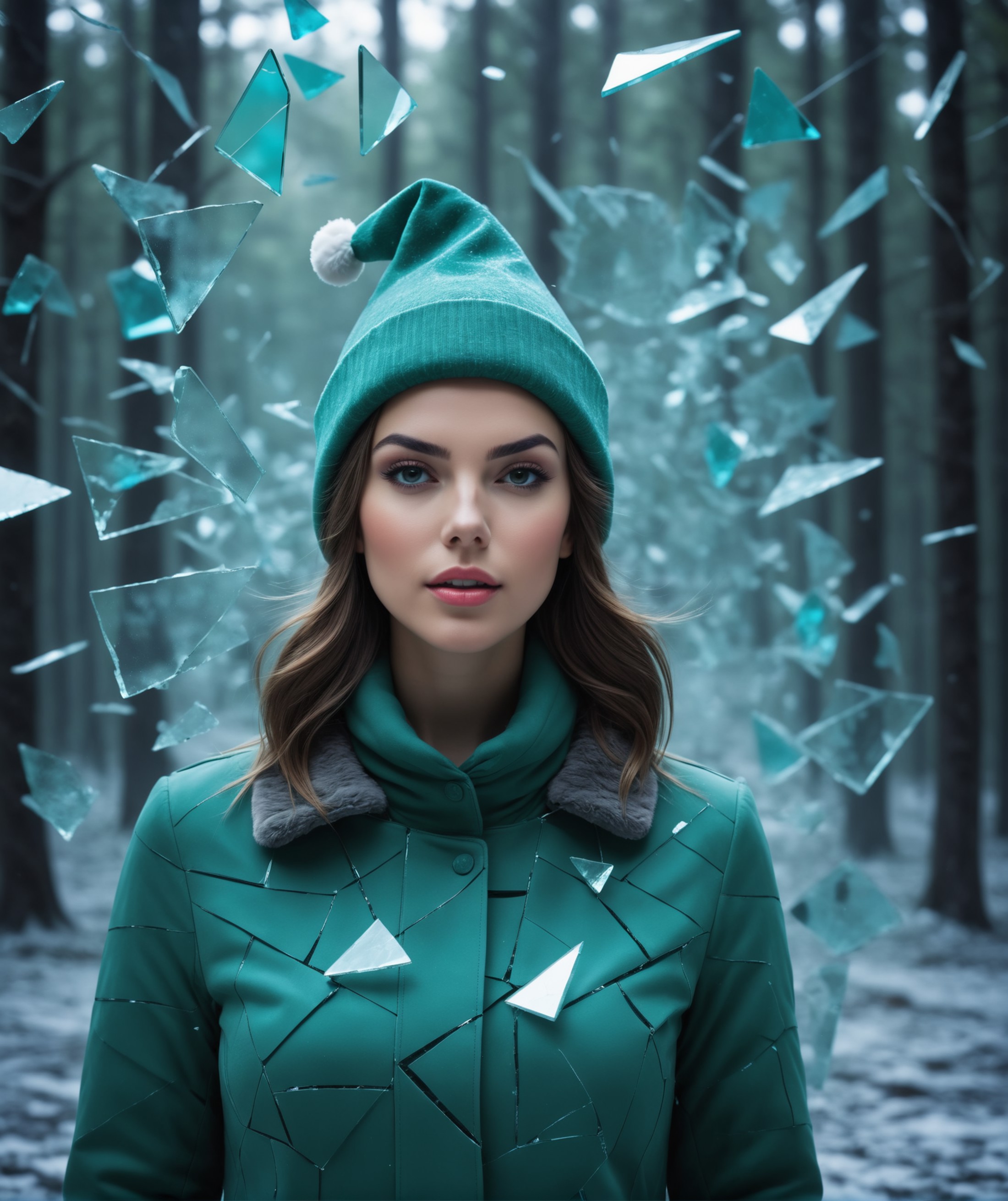 long exposure shot, of a beautiful girl in a green santa hat and warm coat crossing throw the transparent glass mirror, fo...